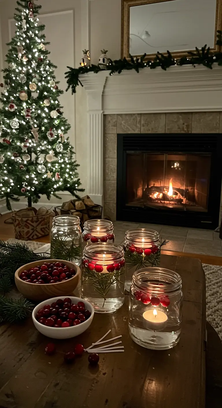 Decoración navideña con velas flotantes en frascos con arándanos rojos y ramas de pino.