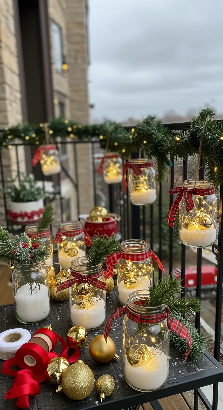 Frascos de Navidad decorados con nieve artificial, bolas doradas, lazos de tartán y luces LED.