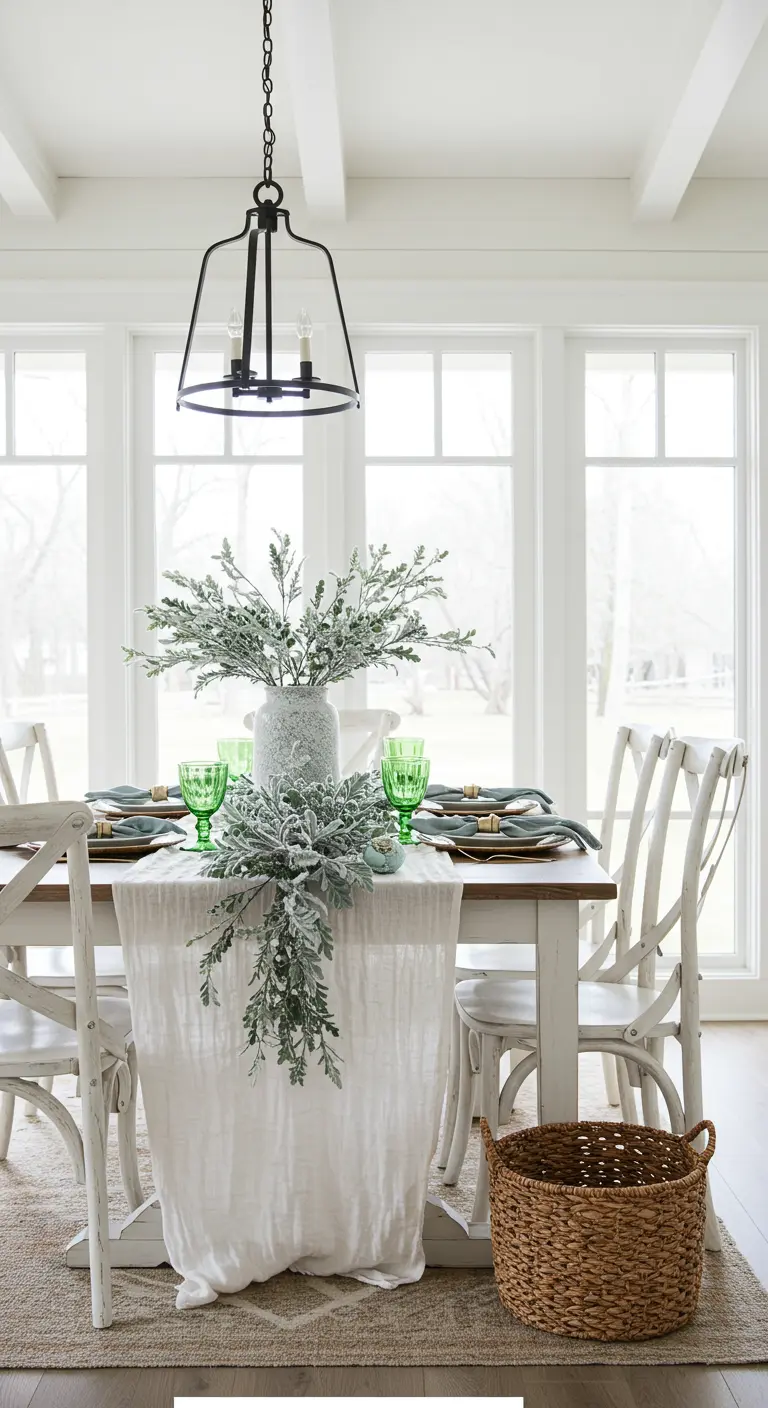 Mesa de comedor de estilo farmhouse con un camino de mesa de vegetación nevada y copas verdes.