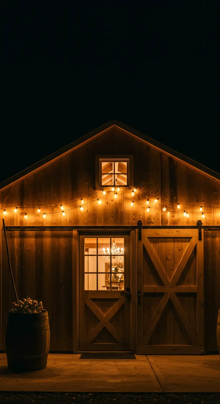 Porche de madera de noche iluminado con guirnaldas de bombillas cálidas sobre la puerta de granero.