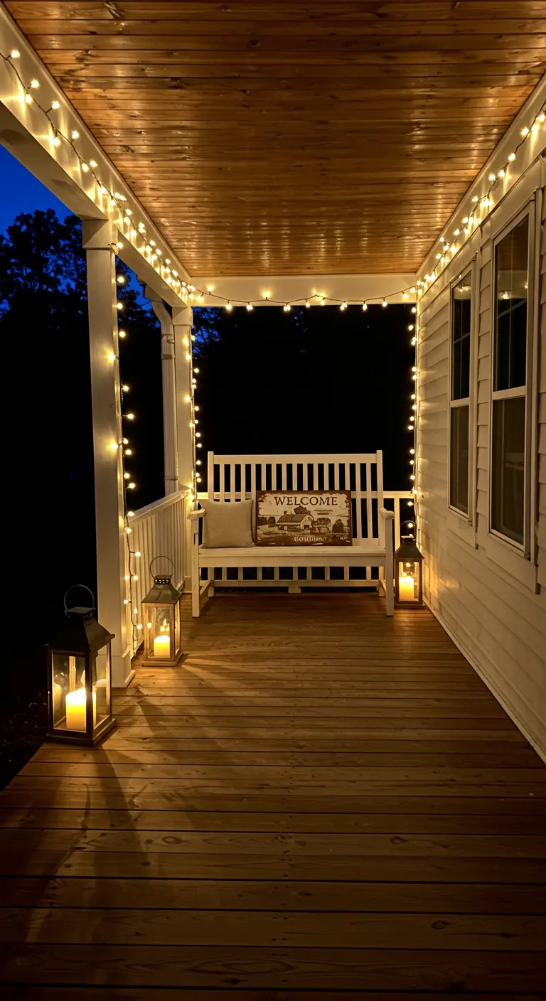 Porche iluminado por la noche con guirnaldas de luces, un banco blanco y faroles con velas.
