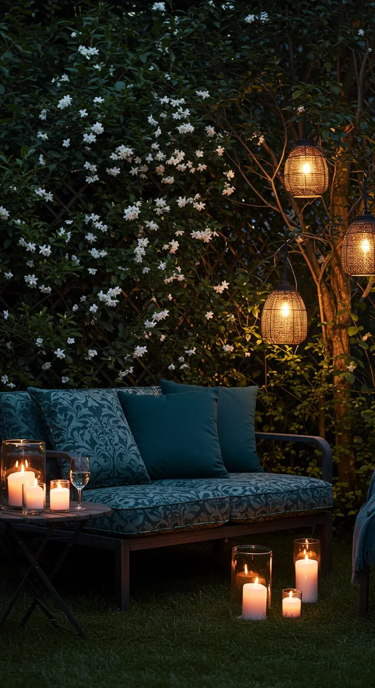 Jardín de noche con un sofá oscuro, cojines de damasco y una iluminación cálida con farolillos y velas.
