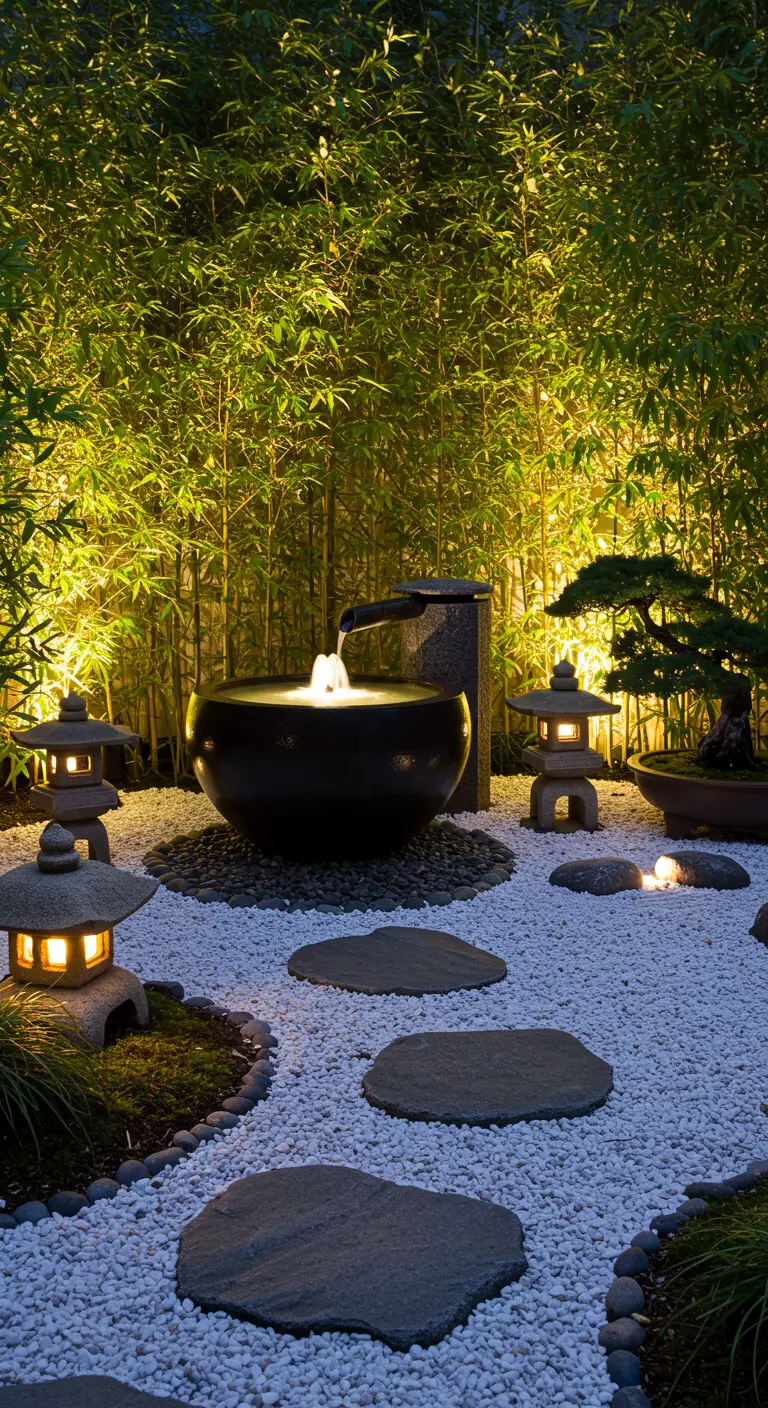 Jardín zen iluminado por la noche, con farolillos, una fuente brillante y bambú de fondo.