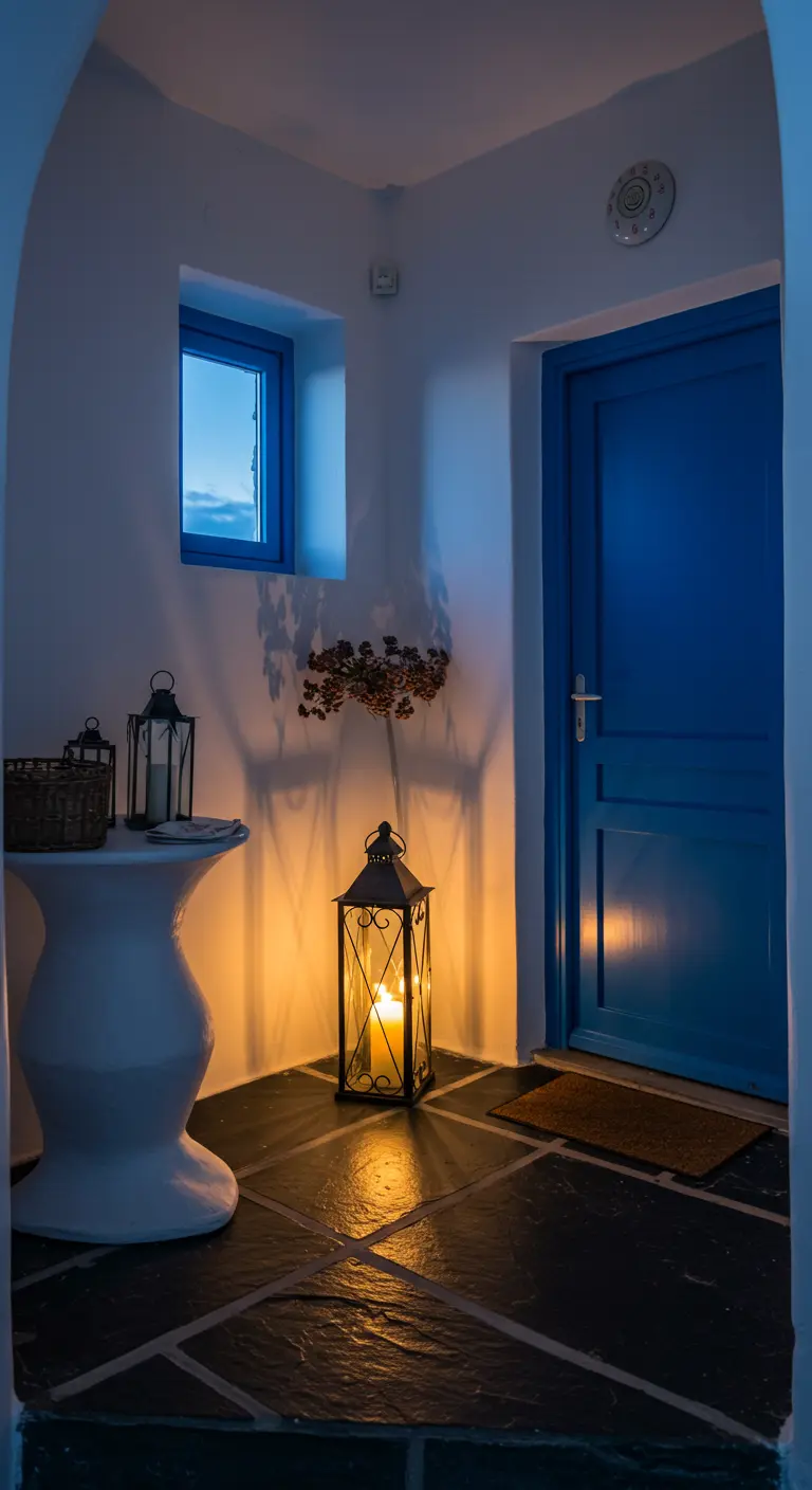 Rincón de entrada oscuro con un gran farol en el suelo iluminando una puerta azul.