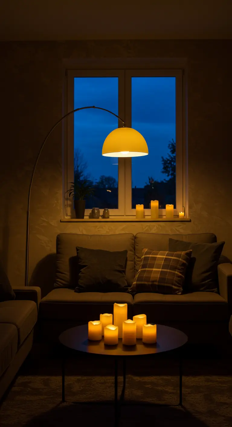 Sala de estar por la noche iluminada por una lámpara de arco y un grupo de velas LED.