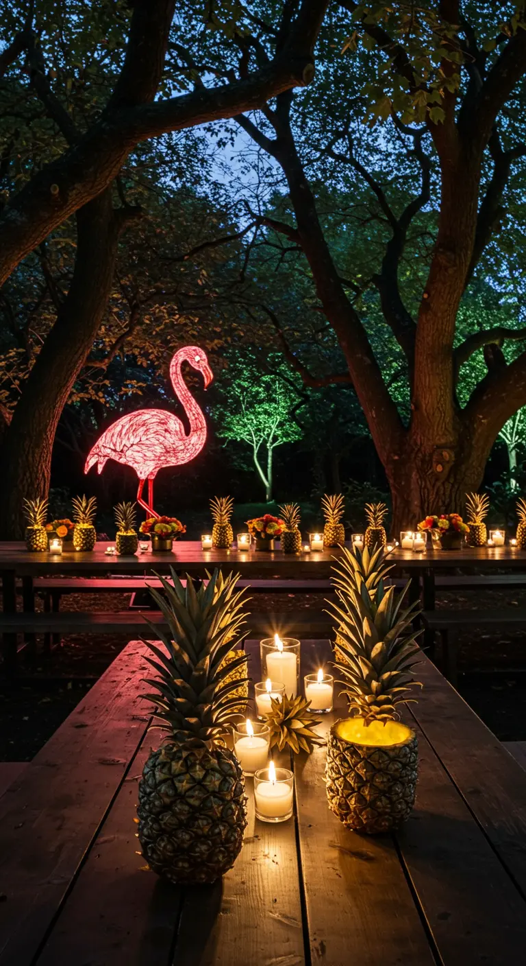 Cena nocturna en un bosque con un flamenco de neón y piñas convertidas en portavelas.