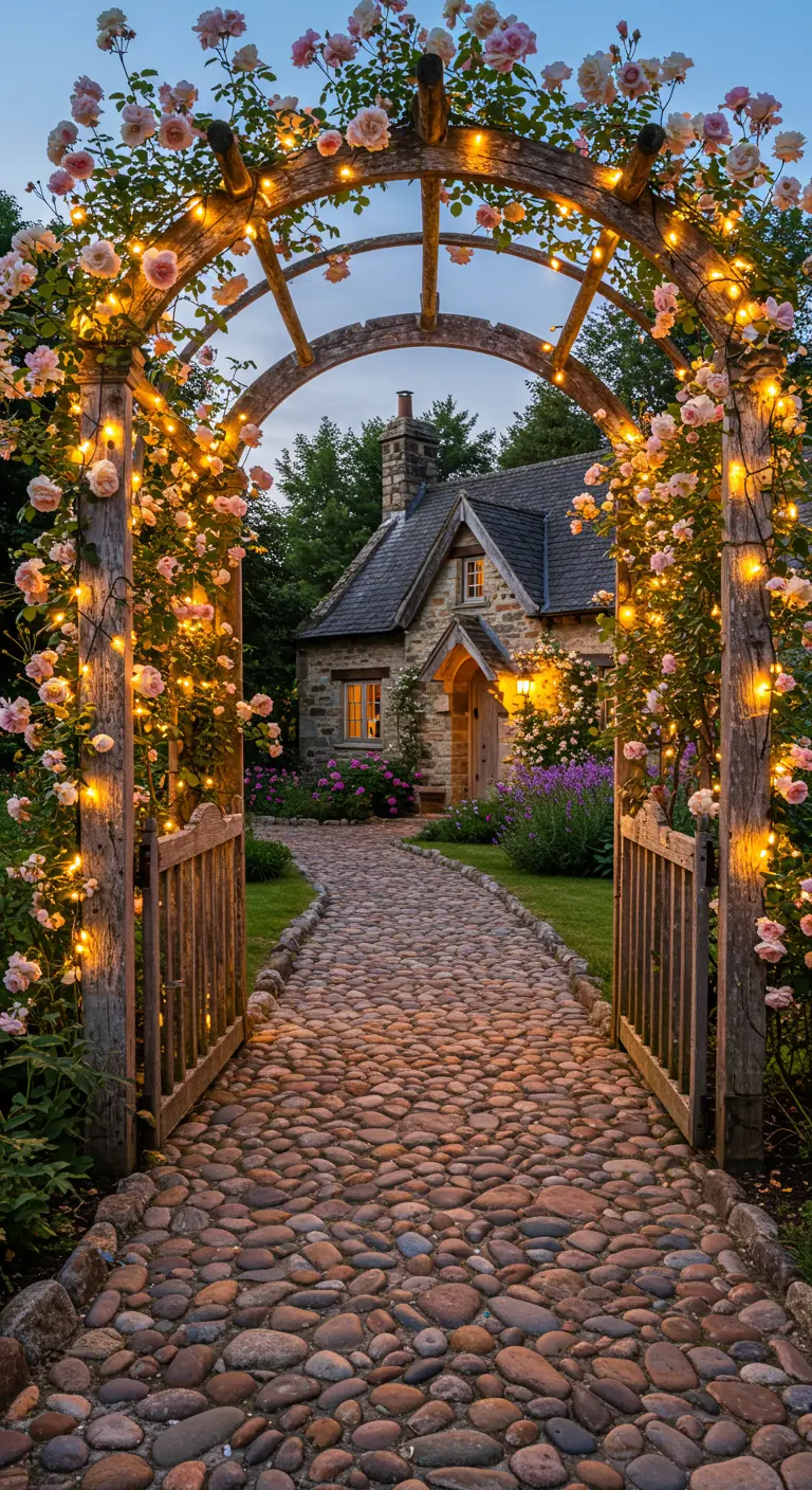 Arco de madera con rosas y luces de hadas sobre un camino de adoquines hacia una casa de campo.