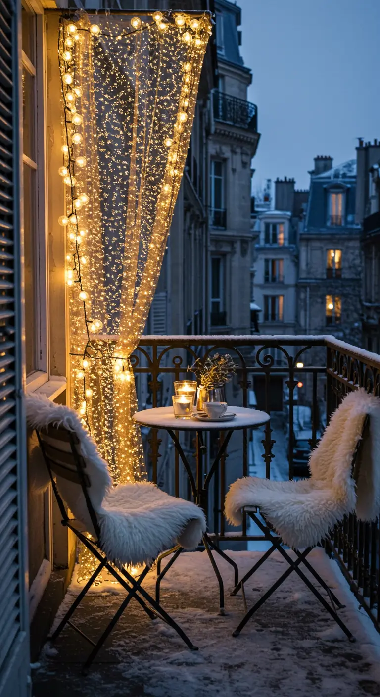 Balcón parisino nevado con sillas cubiertas de piel blanca y una cascada de luces de hadas.