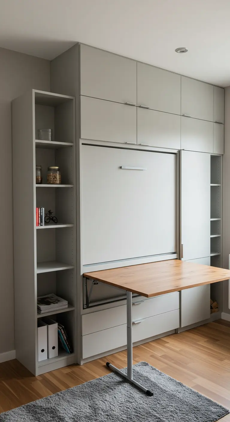 Armario modular gris claro con una mesa de madera plegable y estanterías integradas.