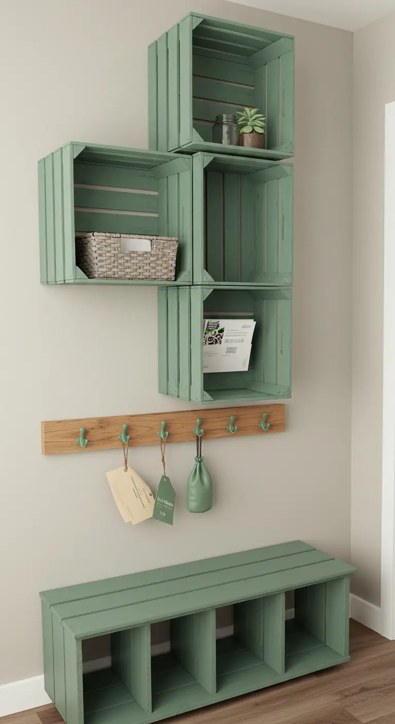 Recibidor DIY con cajas de madera pintadas de verde usadas como estanterías y banco.