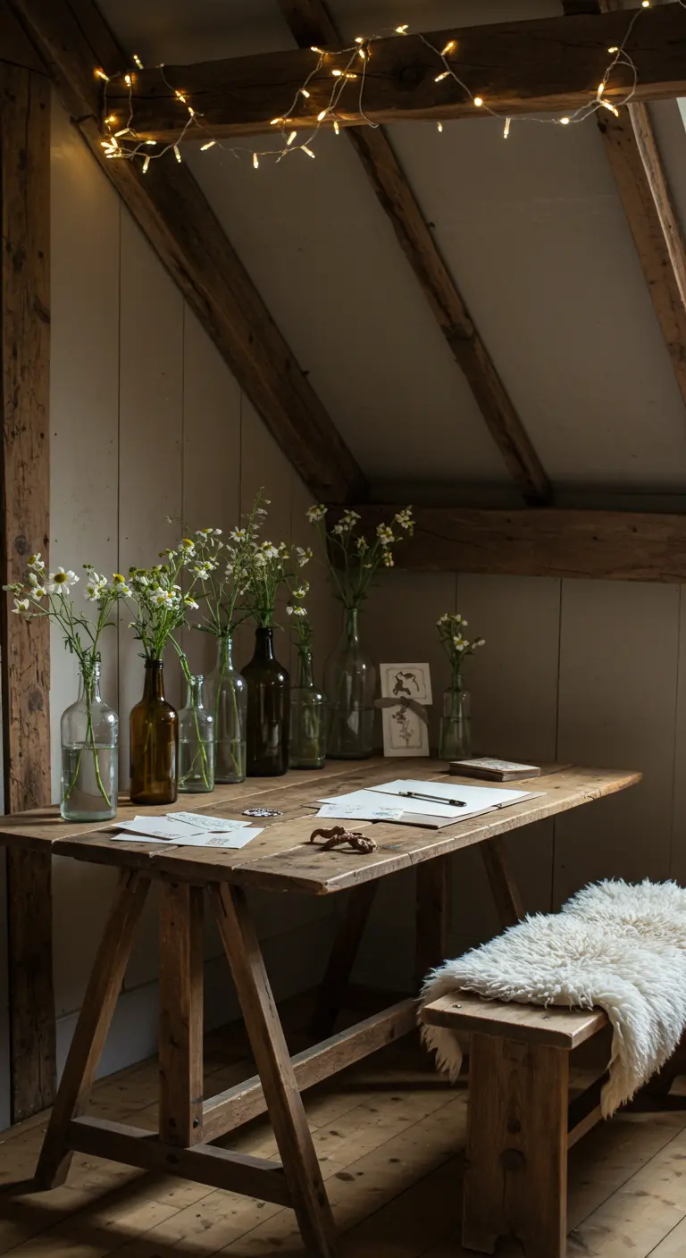 Escritorio de caballetes de madera en un ático rústico con vigas, luces cálidas y flores en botellas.