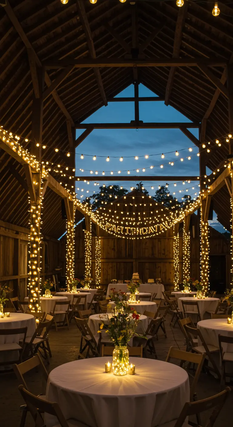 Interior de un granero rústico decorado para una fiesta con guirnaldas de luces envolviendo las columnas y el techo.