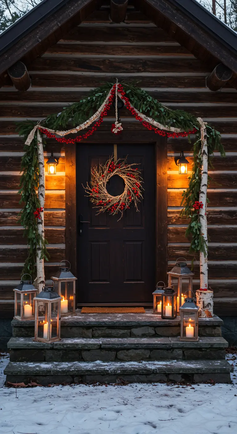 Entrada de cabaña de madera con arco de abedul, bayas rojas y faroles con velas.