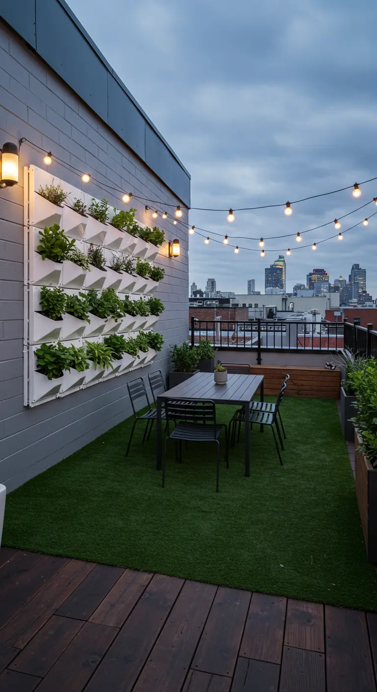 Terraza urbana con césped artificial, jardín vertical blanco y guirnaldas de luces.