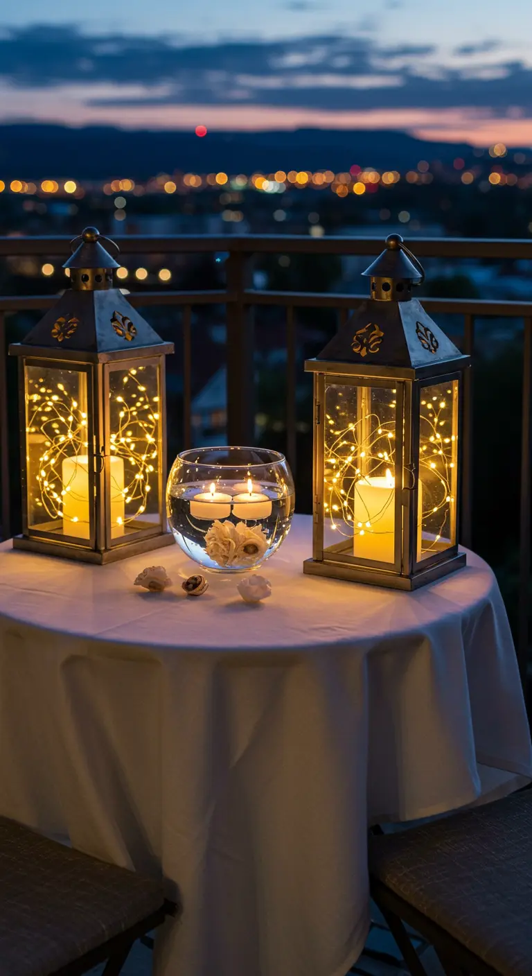 Mesa romántica en un balcón de noche, iluminada por faroles con guirnaldas de luces y velas flotantes.