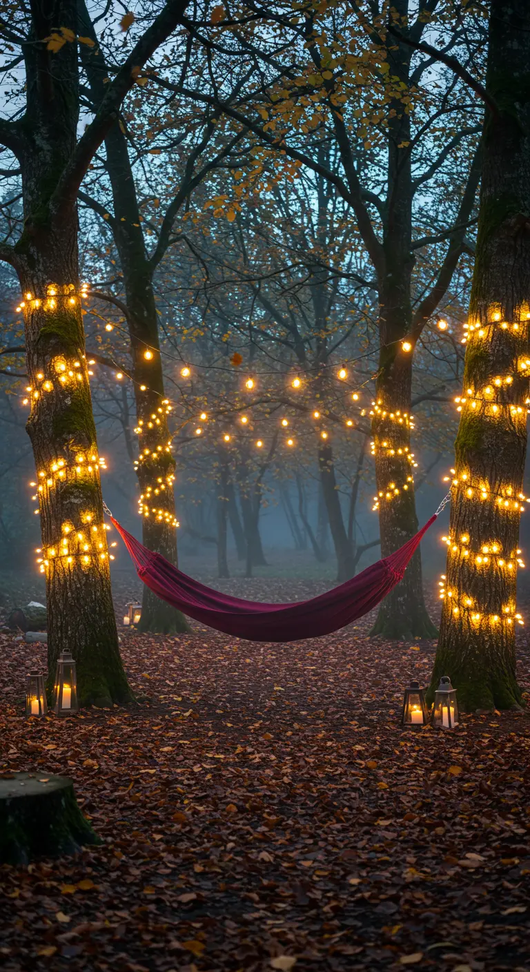 Hamaca roja en un bosque neblinoso con árboles envueltos en luces.