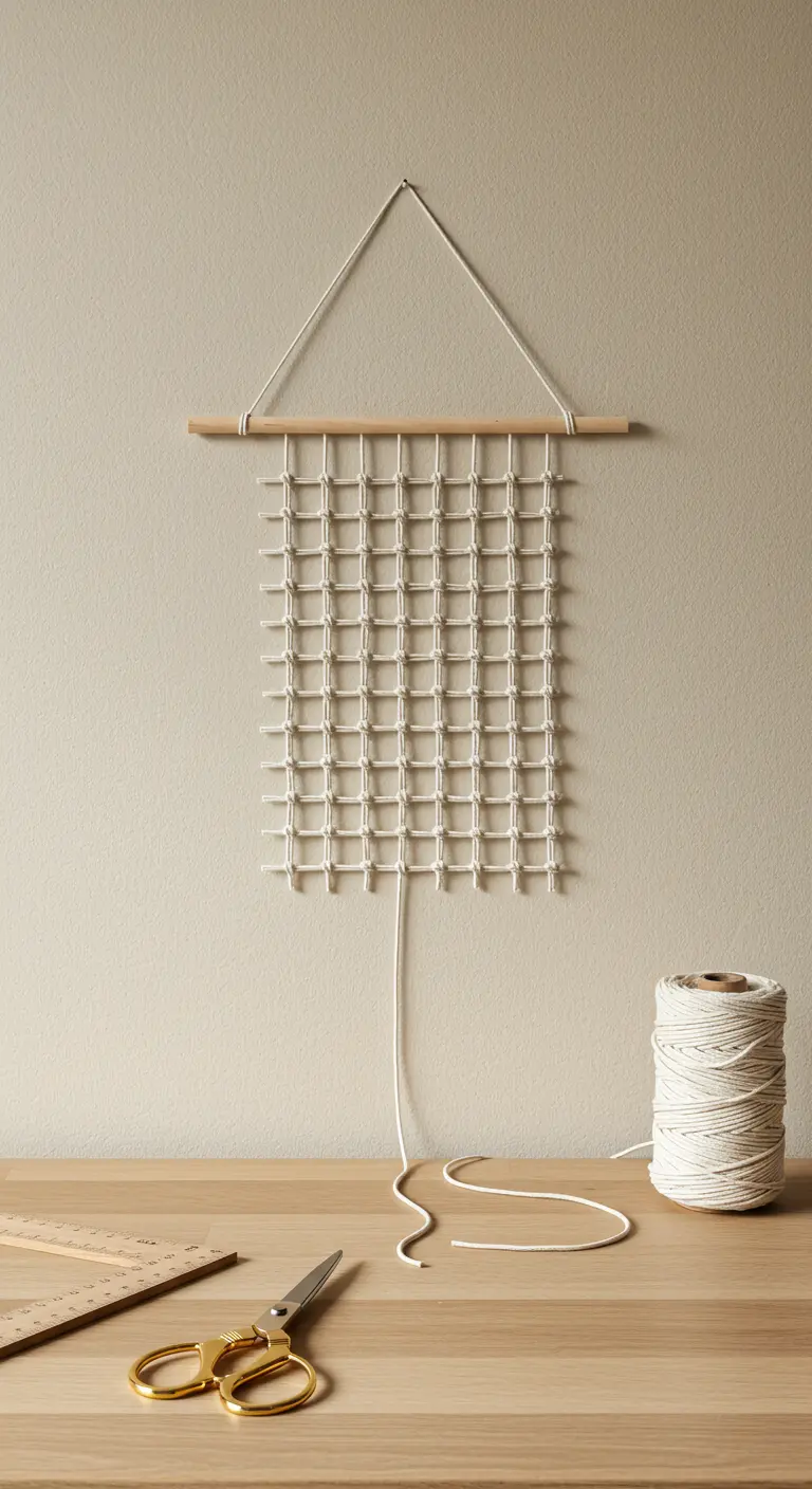 Tapiz de macramé con patrón de red cuadrada, colgado de una varilla de madera clara.