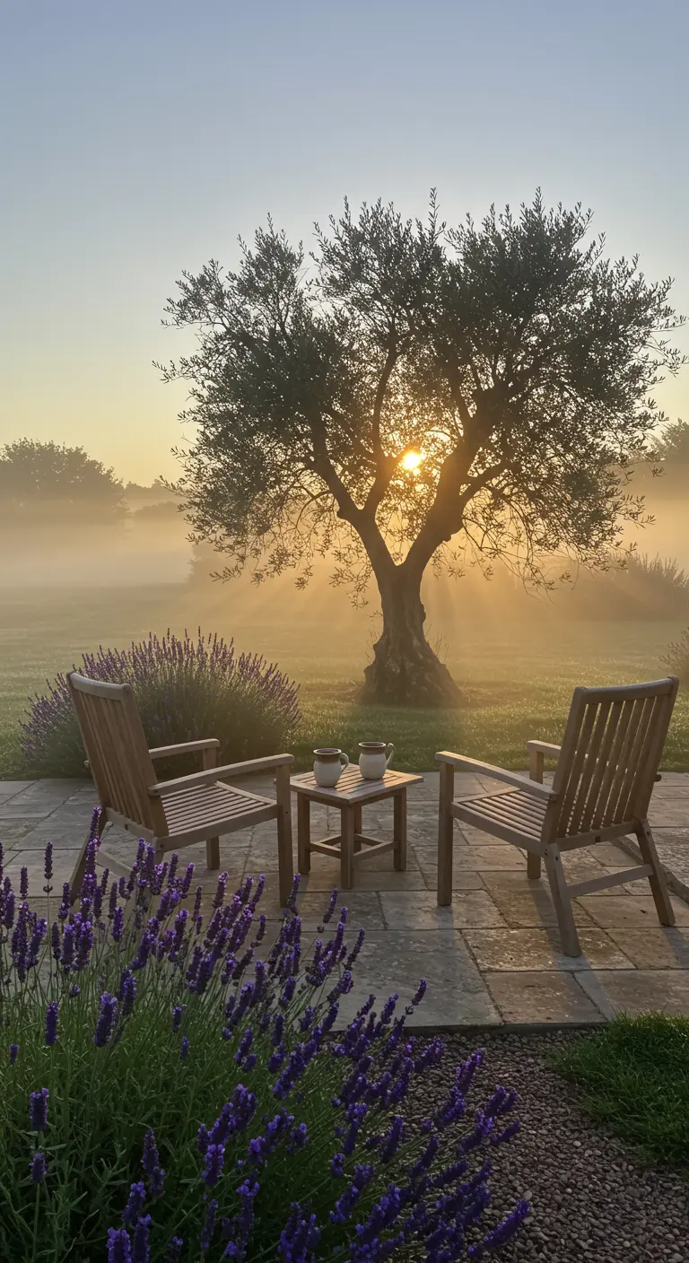 Amanecer con niebla en un patio con un olivo, dos sillas de madera y macizos de lavanda.