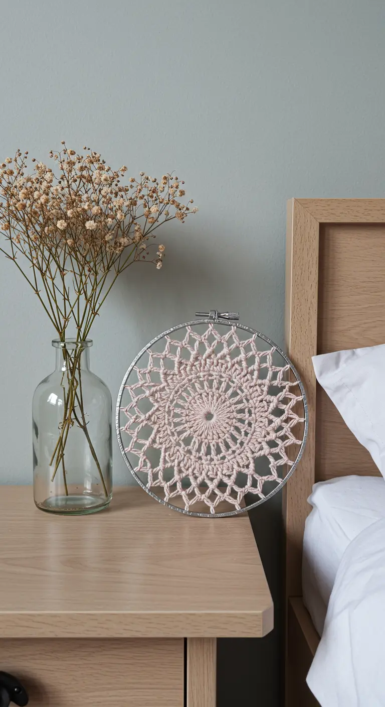 Mandala de macramé rosa pálido tensado en un aro de bordar, apoyado en una mesita de noche.