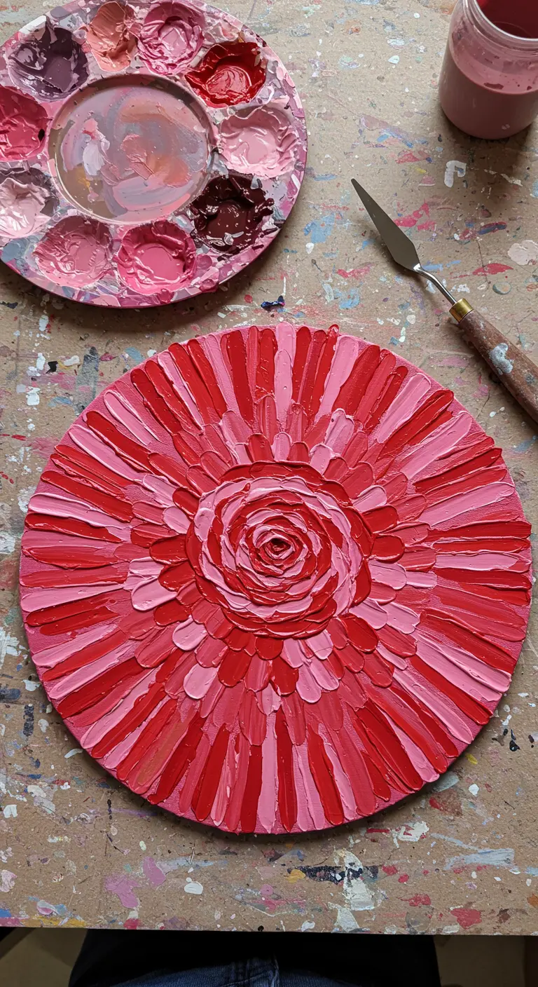 Lienzo redondo pintado con un patrón radial en tonos rojos y rosas.