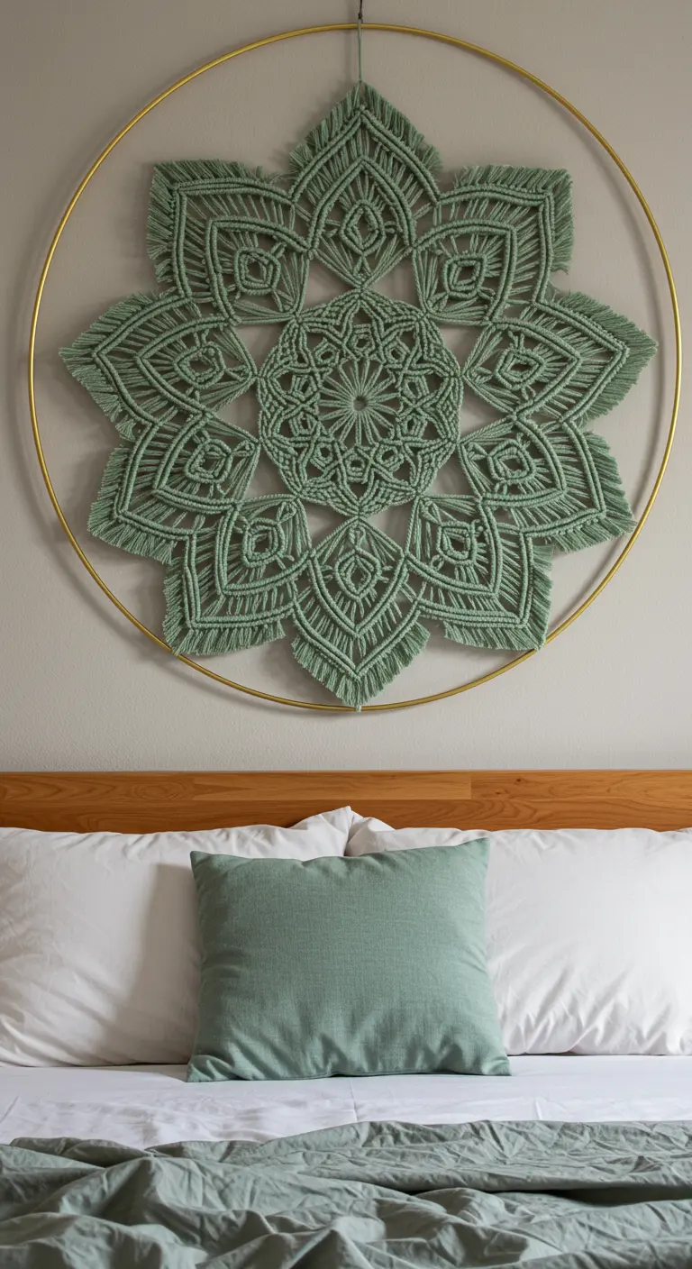 Gran tapiz de macramé verde en forma de mandala dentro de un aro dorado, sobre una cama.
