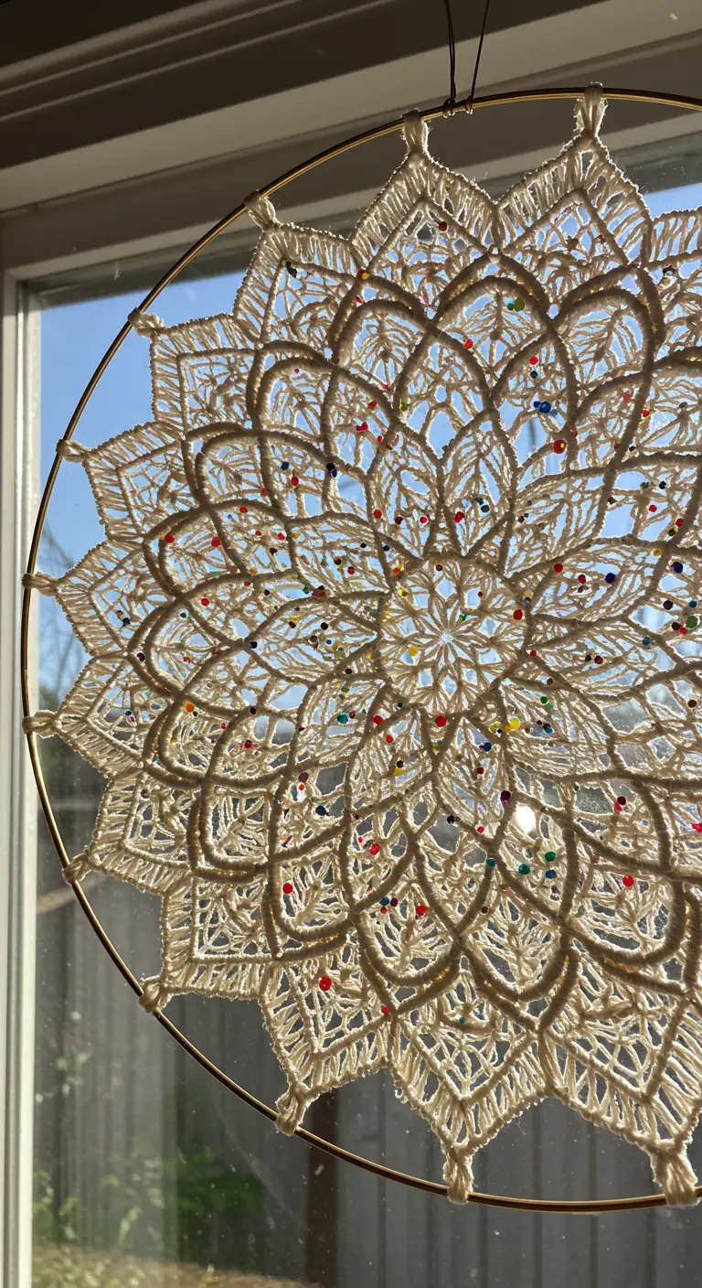 Atrapasueños de macramé estilo mandala con pequeñas cuentas de colores.