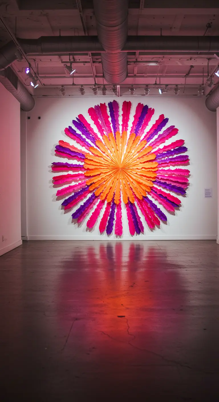 Gran mandala de pared hecho con abanicos de papel plegado en tonos fucsia, naranja y morado.
