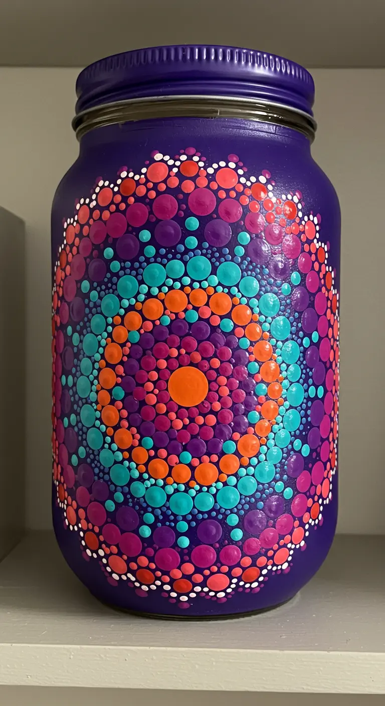 Un frasco de vidrio pintado de morado y decorado con un mandala de puntos multicolores.