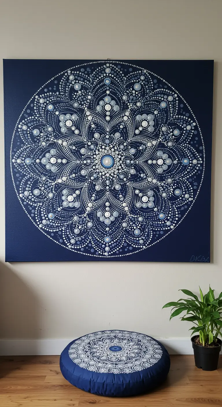 Gran cuadro de un mandala hecho con la técnica de puntillismo en relieve