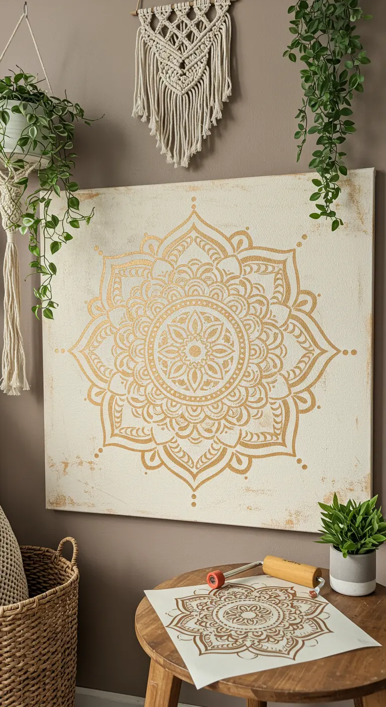 Un gran mandala dorado pintado con plantilla sobre un lienzo blanco de aspecto envejecido.