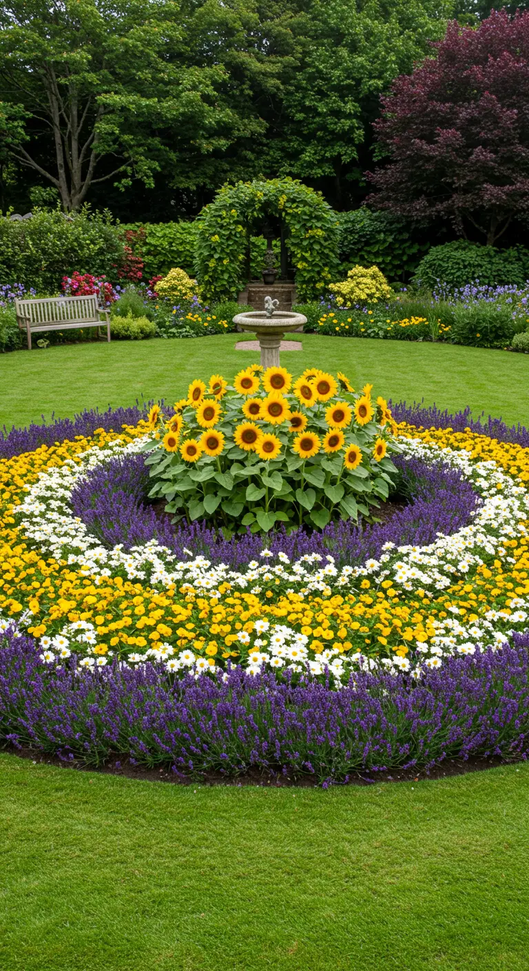 Parterre circular con girasoles en el centro y anillos concéntricos de lavanda y flores blancas y amarillas.
