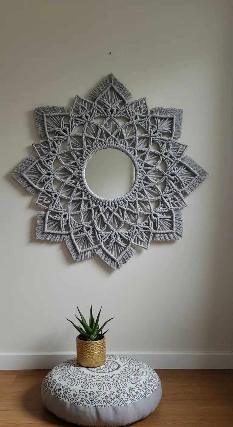 Espejo de macramé gris con un complejo diseño de mandala en forma de estrella.