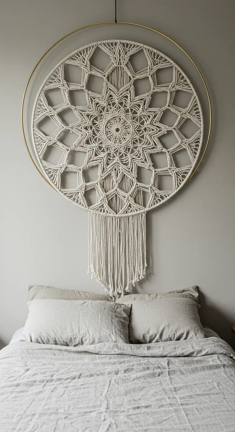 Enorme tapiz de macramé circular en forma de mandala, colgado sobre una cama con sábanas claras.