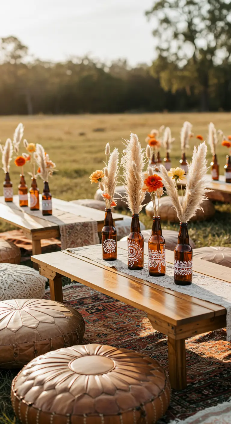 Picnic bohemio con botellas de cerveza ámbar pintadas con mandalas blancos y hierba de la pampa.