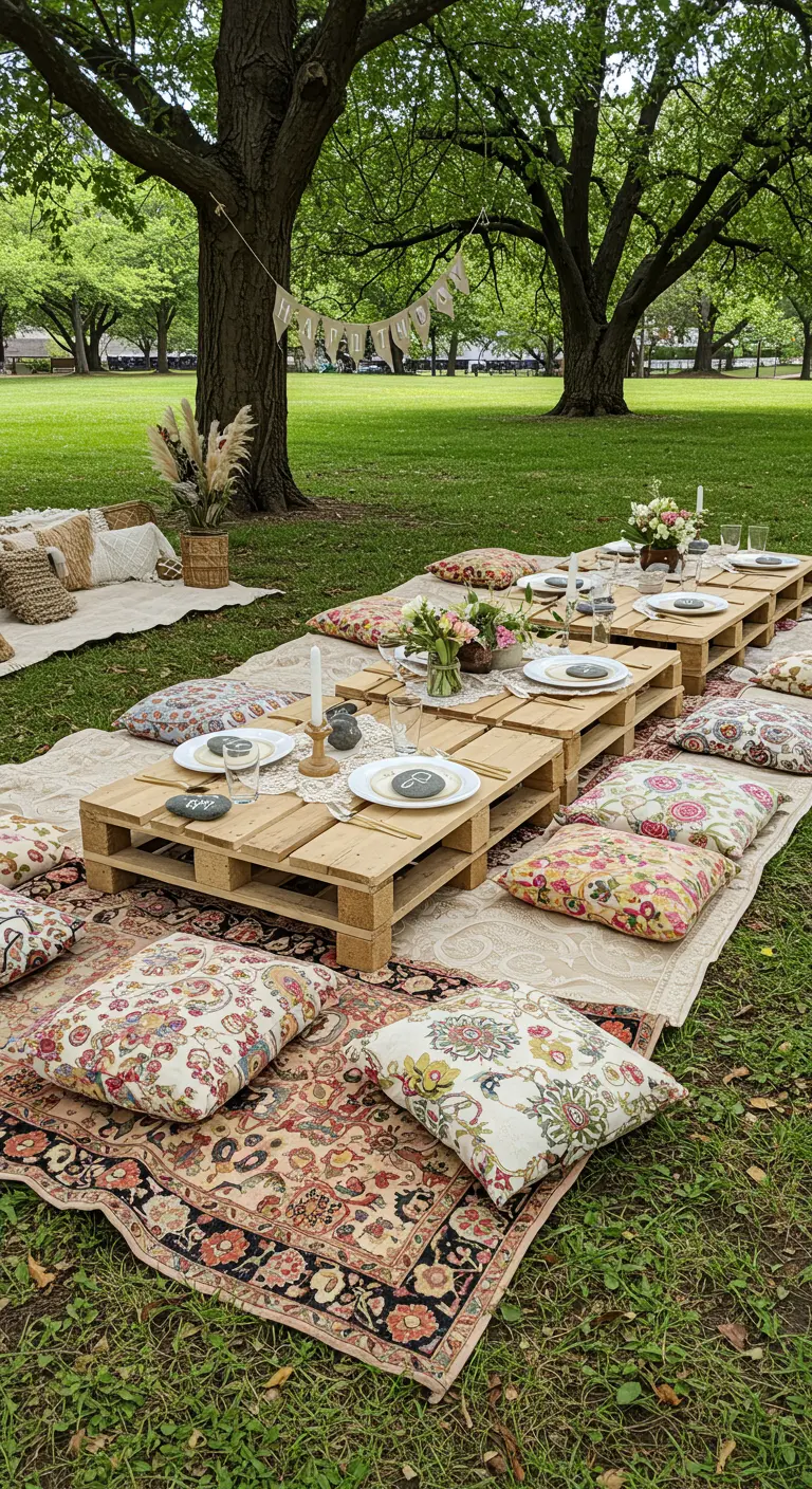 Un picnic bohemio en el parque con palets, cojines estampados y alfombras persas.