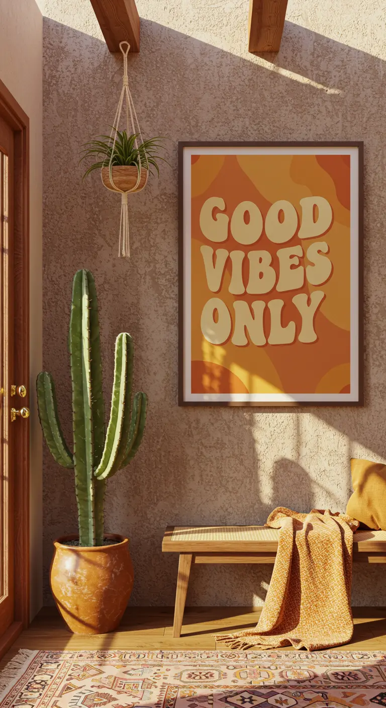 Rincón boho con un póster 'Good Vibes Only' de estilo 70s, un cactus y una planta colgante.