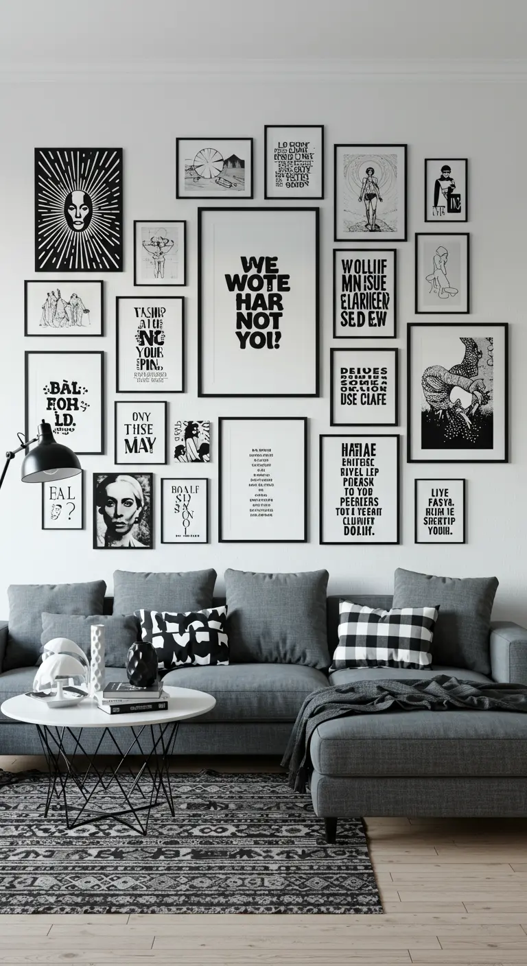 Pared de galería moderna con una mezcla de arte tipográfico y gráfico en blanco y negro