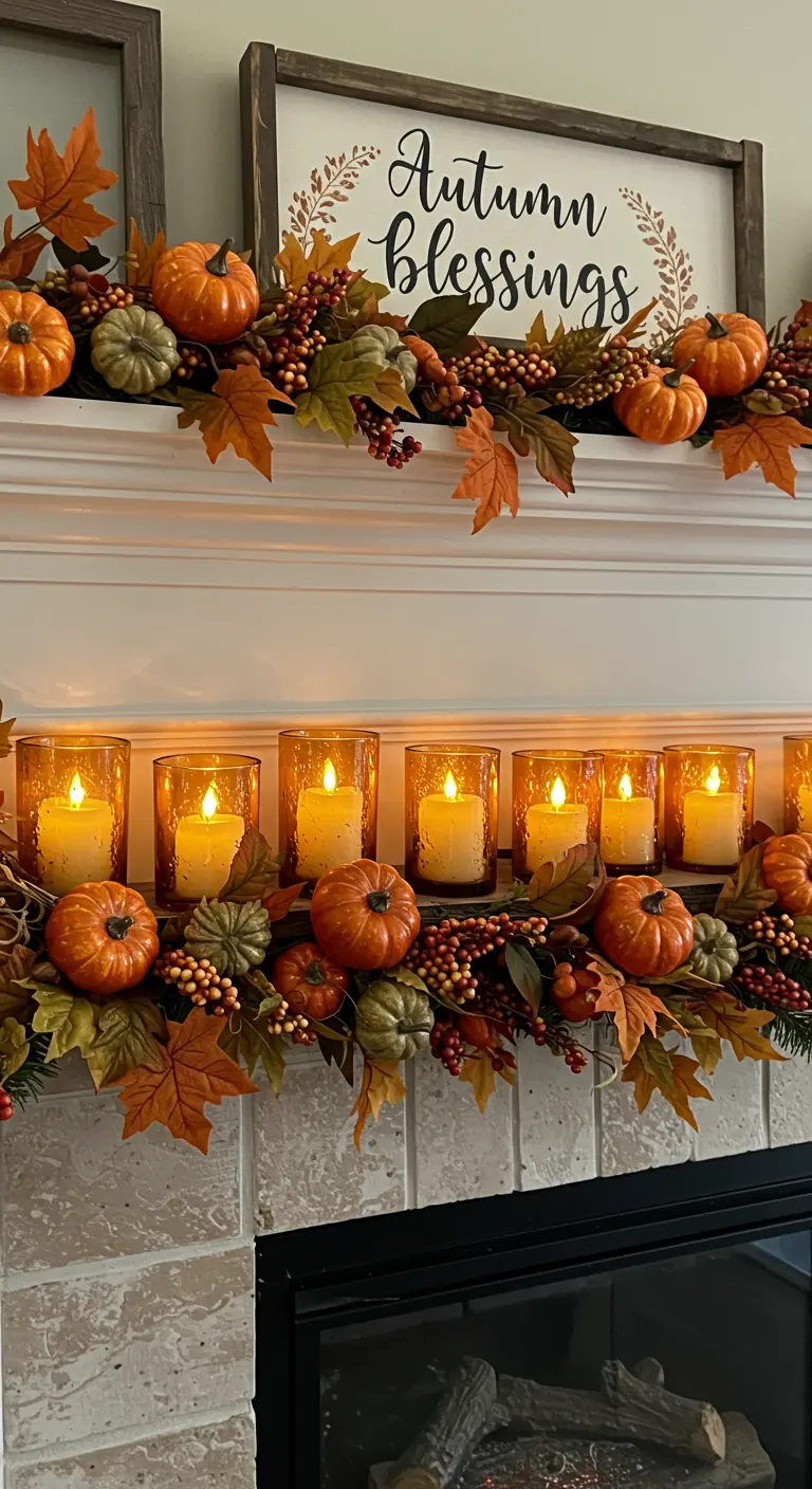 Repisa de chimenea decorada para el otoño con una guirnalda de hojas, calabazas y portavelas de cristal ámbar.
