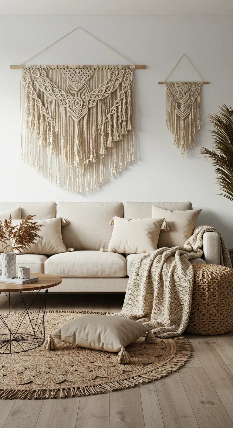 Sala de estar bohemia con varios tapices de macramé, sofá beige y alfombras superpuestas.