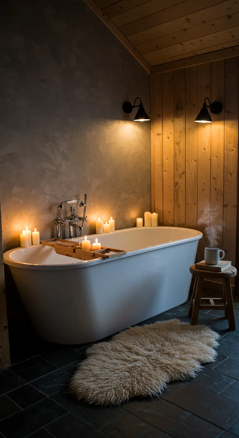 Baño rústico con bañera exenta, pared de madera, velas y apliques de luz cálida.