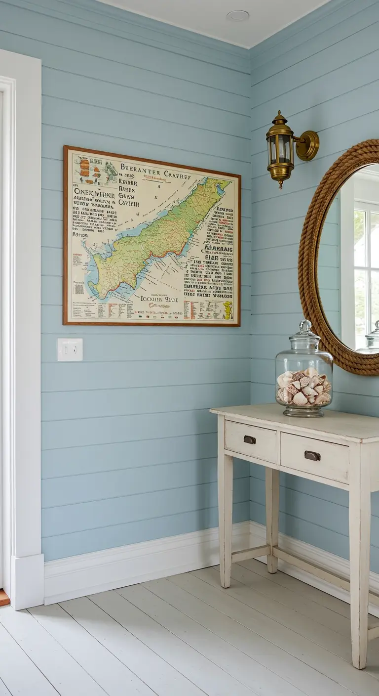 Rincón costero con una pared azul, un mapa antiguo enmarcado y una consola blanca.