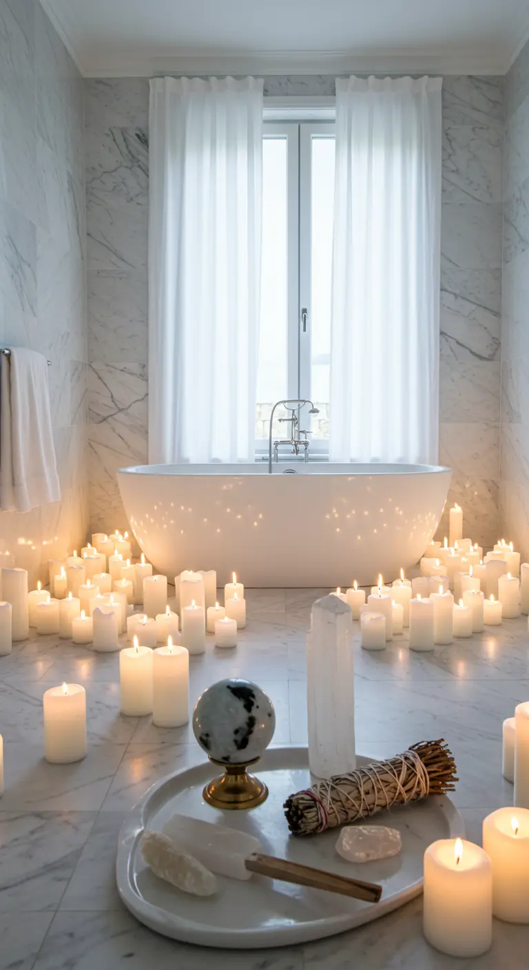 Baño de mármol blanco con el suelo cubierto de velas encendidas y una bandeja de ritual.