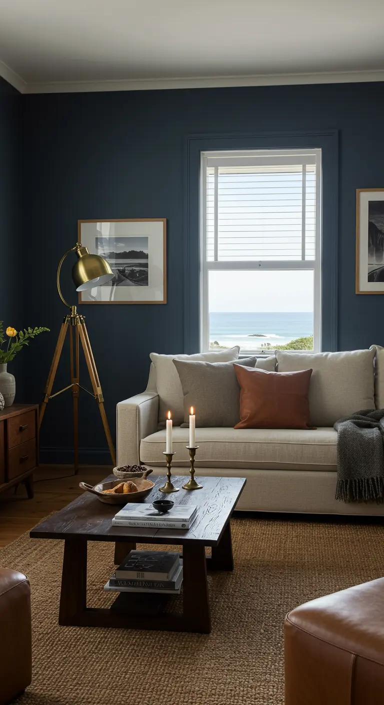 Salón con paredes azul oscuro, sofá beige, y una lámpara de pie trípode de latón.