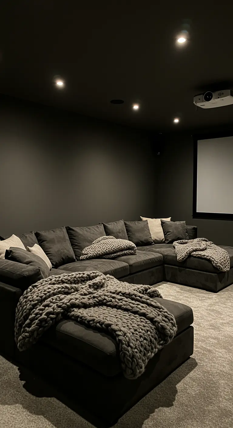 Sala de cine oscura con un gran sofá seccional y varias mantas de punto grueso.