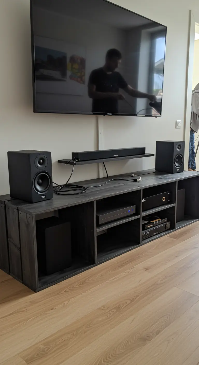 Mueble de TV bajo y largo hecho con pallets pintados de negro, con altavoces y equipo de sonido.