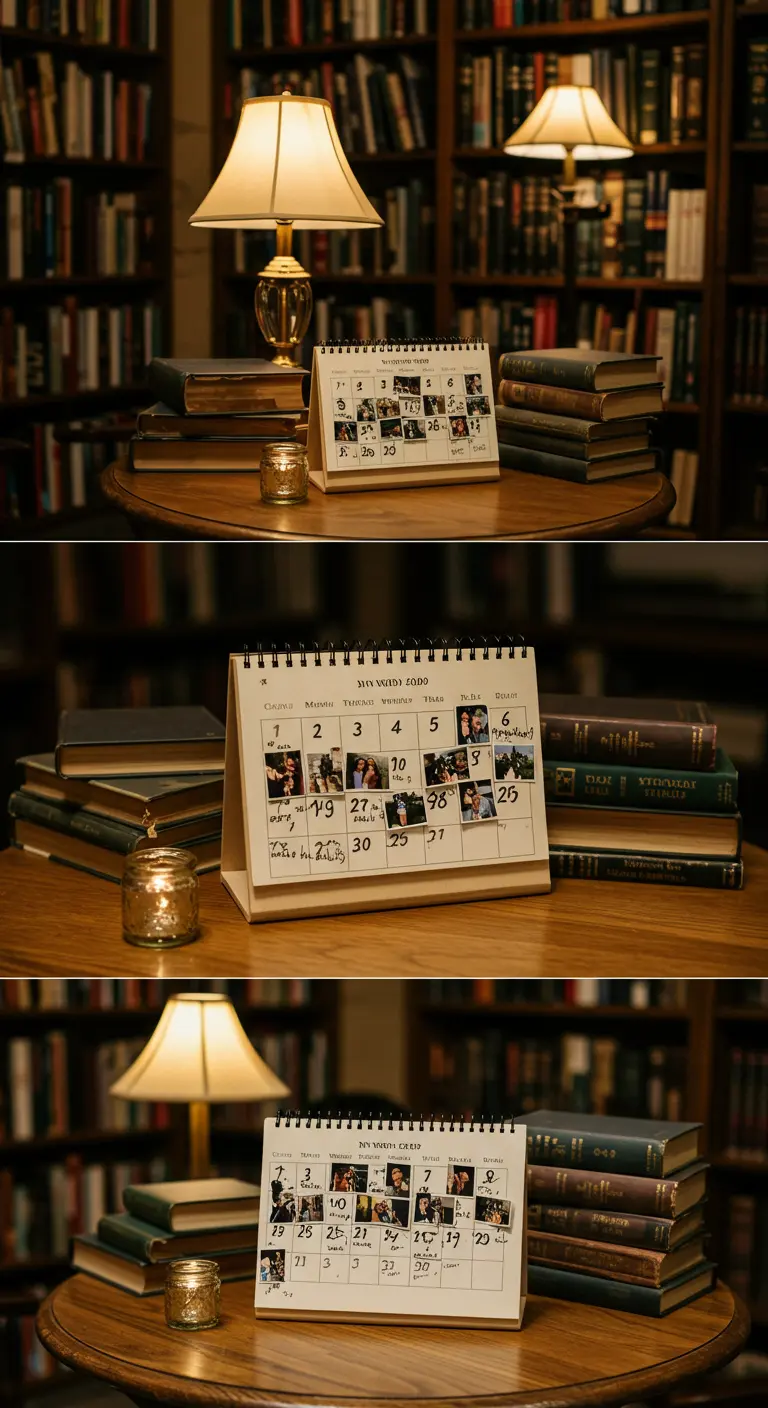 Calendario de escritorio personalizado con fotos de la pareja marcando fechas importantes.