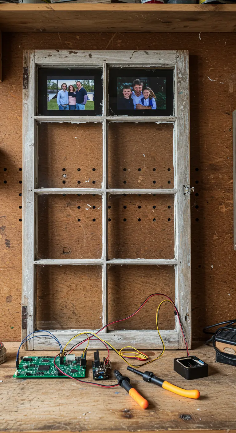 Ventana rústica con dos paneles reemplazados por pantallas digitales que muestran fotos.