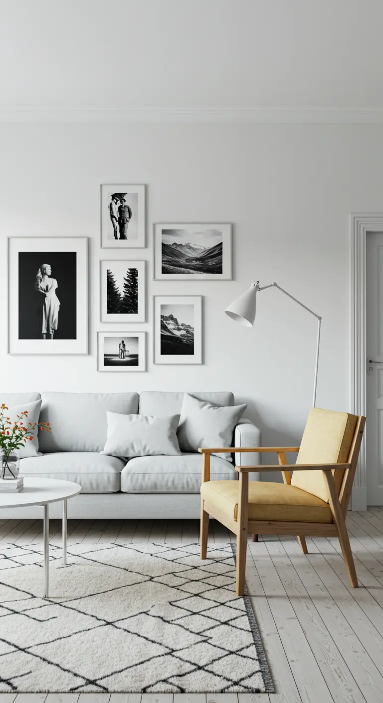 Pared de galería con marcos plateados delgados en una sala de estar de estilo escandinavo.