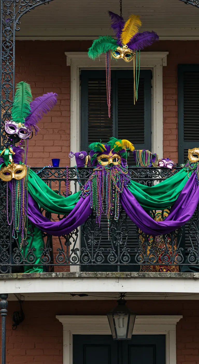 Barandilla de balcón de hierro forjado decorada para Mardi Gras con telas y máscaras.