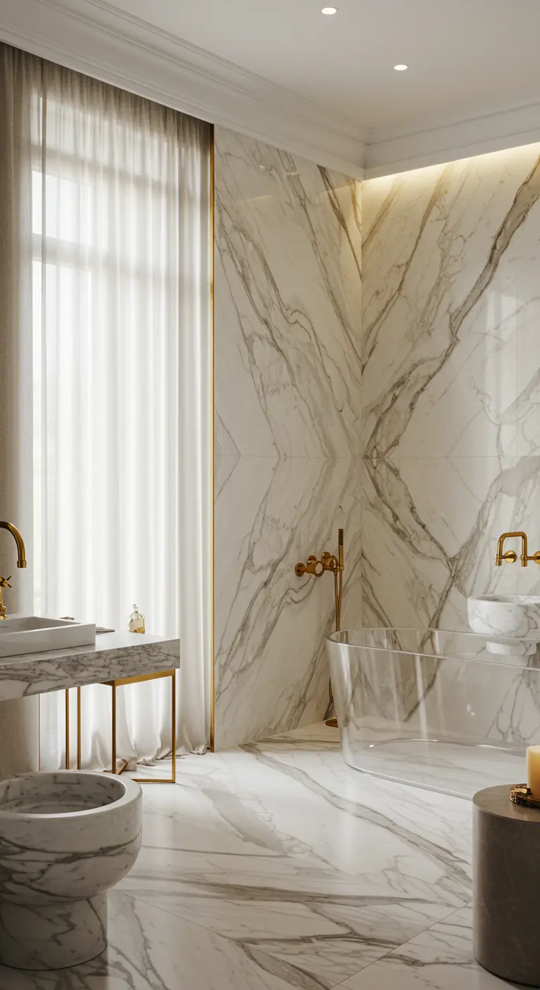 Baño de lujo con paredes de mármol veteado, grifería dorada y bañera transparente